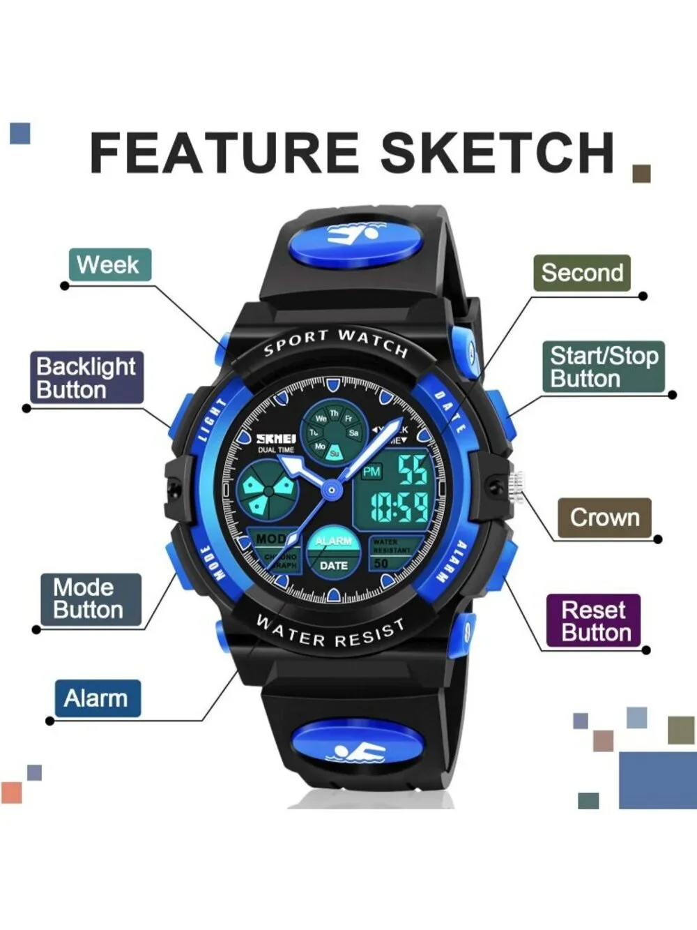 Kid's Black Blue Analog Quartz Multi Function Waterproof Round LED Digital Watch